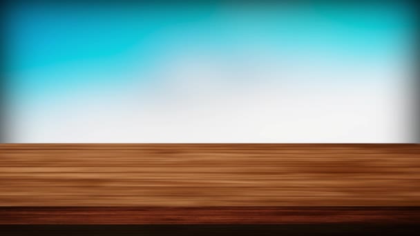 Lege houten bordtafel voor hemelsblauwe en grijze achtergrond. Licht en lek effect. HD-beelden - Video
