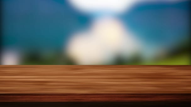 Leerer Holztisch vor blaugrünem und schwarzgrünem Hintergrund. Licht und Leck-Effekt. HD-Filmmaterial - Filmmaterial, Video