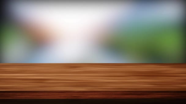 Üres fa tábla asztal előtt fekete-zöld és sárga háttér. Fény és szivárgás hatás. HD felvétel - Felvétel, videó