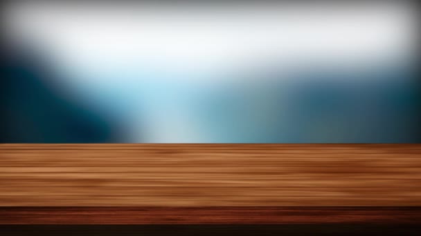 Mesa de madeira vazia na frente do fundo azul marinho e verde marinho. Luz e efeito de vazamento. Imagens em HD - Filmagem, Vídeo