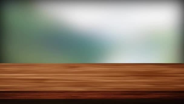 Empty wooden board table in front of blackish-green and white background. Light and leak effect. HD footage - Footage, Video