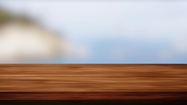 Wood table bar and nature tree bokeh blurred and beach background. Light and leak effect. HD footage - Footage, Video