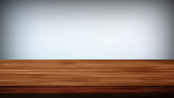 Tavolo vuoto in legno davanti a sfondo grigio e verde-nerastro. Effetto luce e perdite. Video HD - Filmati, video