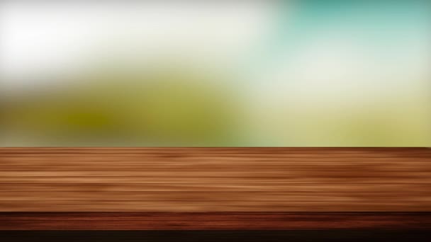 Mesa de madera vacía delante de fondo verde amarillento y blanco. Efecto de luz y fugas. Imágenes de alta definición - Metraje, vídeo
