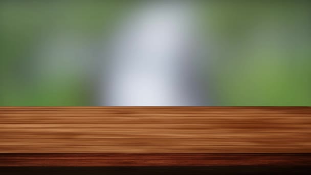 Yeşil ve siyahımsı gri arka planın önündeki boş tahta masa. Işık ve sızıntı etkisi. HD görüntüler - Video, Çekim