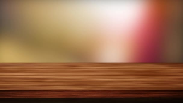 Mesa de madeira vazia na frente do fundo marrom claro e marrom. Luz e efeito de vazamento. Imagens em HD - Filmagem, Vídeo