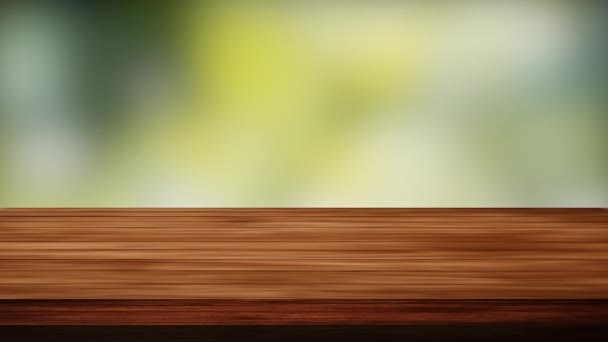 Dřevěný stůl bar a příroda strom bokeh rozmazané pozadí. Lehký a netěsný efekt. HD záznam - Záběry, video