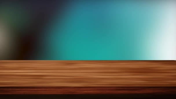 Mavi-yeşil arka planın önündeki boş tahta masa. Işık ve sızıntı etkisi. HD görüntüler - Video, Çekim