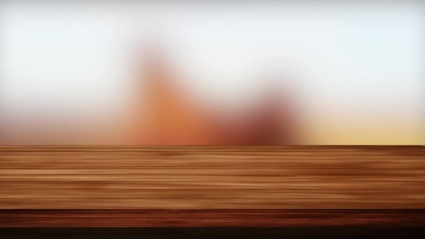 木製のテーブルバーとぼやけた砂漠の背景。光とリーク効果。HD映像 - 映像、動画
