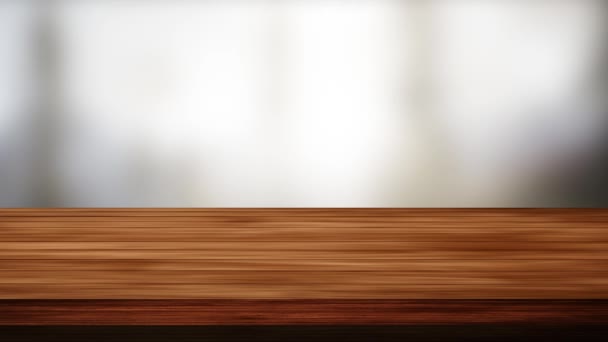 Houten tafel bar en lichtgrijze wazig achtergrond. Licht en lek effect. HD-beelden - Video