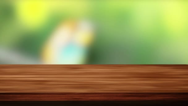 Wood table bar and nature tree bokeh blurred background. Light and leak effect. HD footage - Footage, Video