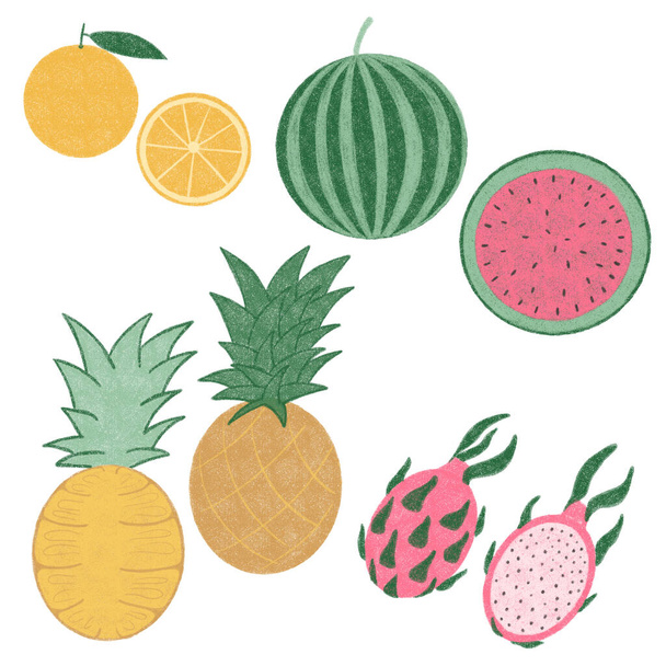 Set von verschiedenen Früchten Orange Wassermelone Ananas Drachenfrucht - Foto, Bild
