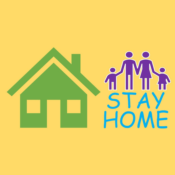 Az illusztrációk egy házat és egy családot ábrázolnak. Egy teljes családot szimbolizál. Van még egy szó: "Maradj otthon".. - Fotó, kép