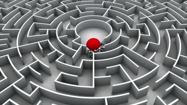 3D-Animation des Labyrinths mit einem roten Ball, der die vorwärts bewegenden Wände zerstört und über das Labyrinth hinausgeht. Die Idee origineller, nicht standardisierter Lösungen. Labyrinth im Lärm, Freiheit im Licht. - Filmmaterial, Video