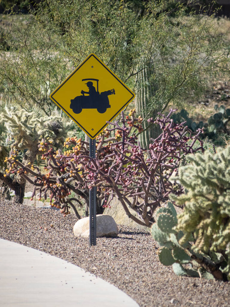 Panneau voiturette de golf dans un paysage désertique - Photo, image