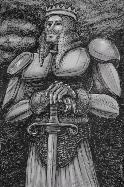 erős király koronával és karddal, illusztráció - Fotó, kép