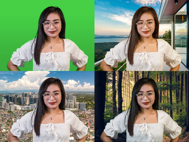 Ein junger asiatischer Vlogger mit Greenscreen-Hintergrund oben rechts und verschiedenen virtuellen Ersatzhintergründen auf dem Rest. - Foto, Bild