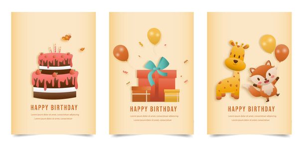 Állítsa banner Meghívó születésnapi üdvözlő kártya egy aranyos állat és ajándék doboz. dzsungel állatok ünneplik a gyermekek születésnapját és sablon meghívó papír stílus vektor illusztráció. - Vektor, kép