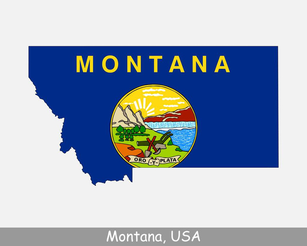 モンタナ州地図旗。州旗が白地に孤立しているアメリカのMTの地図。アメリカ、アメリカ、アメリカ、アメリカ、アメリカ、アメリカ州。ベクターイラスト. - ベクター画像