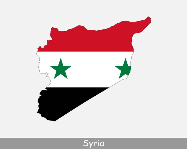 Mapa de la bandera de Siria. Mapa de la República Árabe Siria con la bandera nacional siria aislada sobre un fondo blanco. Ilustración vectorial. - Vector, imagen