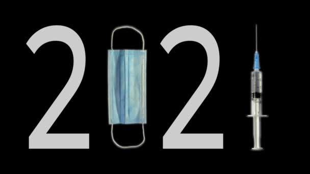Animaatio 2020 muuttuu 2021: ksi käyttämällä suojaavaa lääketieteellistä kasvonaamiota ja ruiskua, jossa on hypoderminen neula ja kokeellinen rokote - Materiaali, video