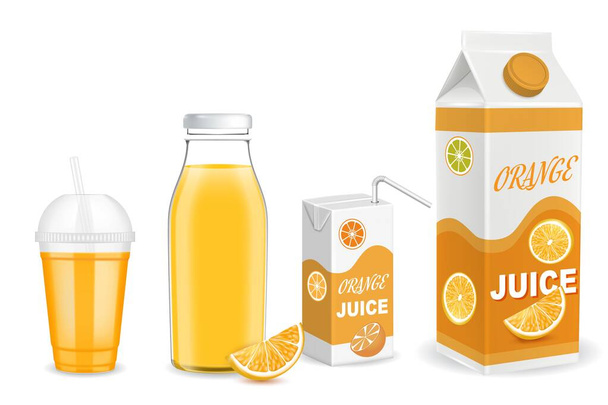 Orange juice packaging container mockup set, vector illustration. Glass bottle, plastic cup, carton pack templates - Vektor, obrázek