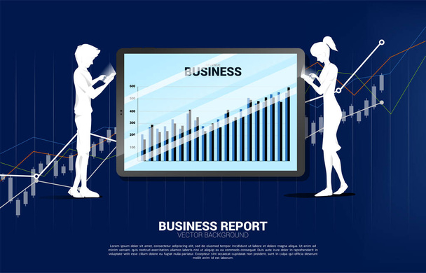 男性と女性携帯電話とビジネスグラフのレポート表の背景を持つタブレット。デジタルビジネスの成長とトレンドレポートのコンセプト - ベクター画像