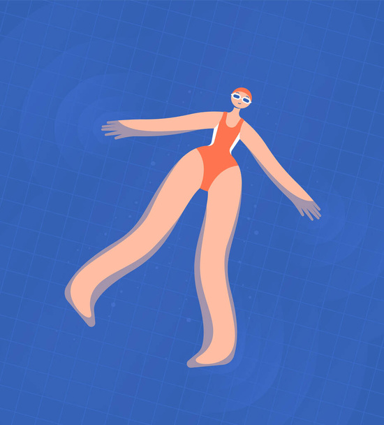 Μια κοπέλα που κολυμπάει με πορτοκαλί μαγιό και γυαλιά κολύμβησης ξαπλώνει στο νερό της πισίνας. Επίπεδη φωτεινή διανυσματική απεικόνιση. - Διάνυσμα, εικόνα