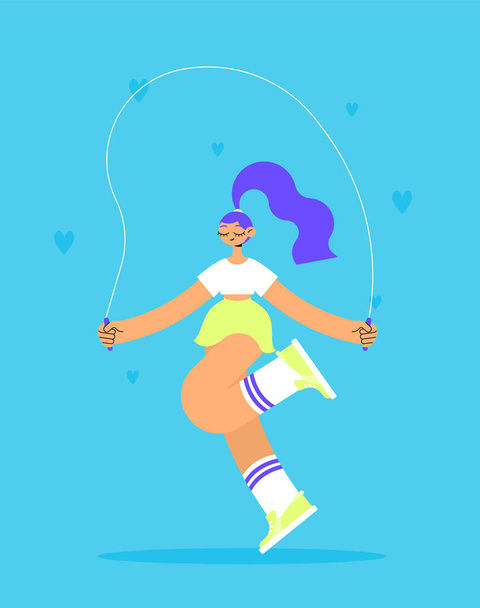 El personaje de una chica feliz en una camiseta, calcetines y zapatillas de deporte, saltando feliz cuerda. Deporte de alegría. Estilo de los 80. Ilustración plana vector brillante. - Vector, Imagen