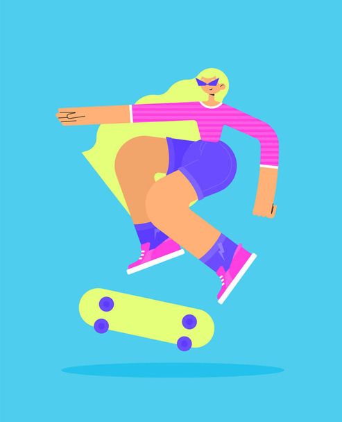 El personaje de una chica rubia feliz haciendo un truco de salto en un monopatín. Estilo de los 80. Ilustración plana vector brillante - Vector, Imagen