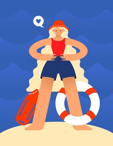 Een bruin blond meisje met een panamahoed en een badpak werkt als badmeester aan zee. Een reddingsboei. Golvenachtergrond. Platte vectorillustratie - Vector, afbeelding
