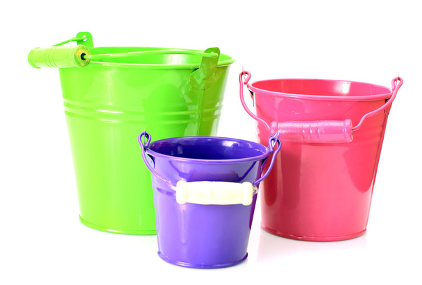 Beautiful Colorful Buckets Isolated on White Background - Photo, Image