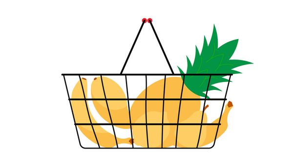 Frutta tropicale nel carrello: mango, banana, pera, ananas, limone. Succosa frutta gialla dolce. Illustrazione vettoriale su sfondo bianco. - Vettoriali, immagini