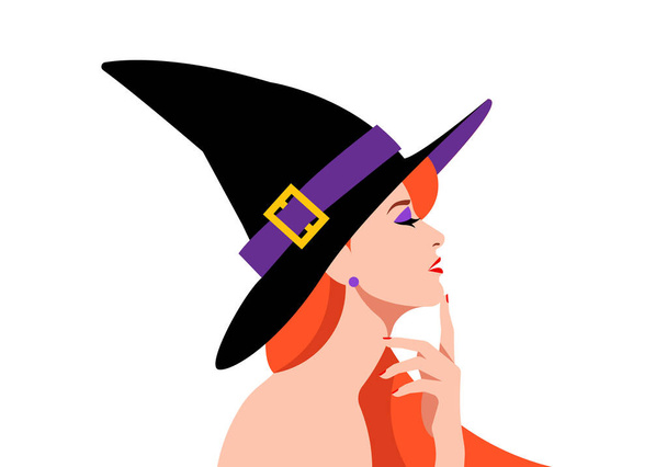 The Witch. Beautiful woman with red hair and black hat. Portrait of beautiful, sensual woman in witch costume: pointed hat with buckle, red hair, bright makeup. Modern female portrait. - Vector, Image