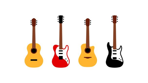 Farklı gitarlar seti - akustik, elektrik, bas. Dizili müzik enstrümanlarının basitleştirilmiş temsili. Modern düz stil simge grubu.  - Vektör, Görsel