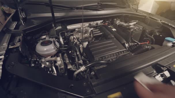 Hombre comprobar el nivel de aceite del motor en el coche con capucha abierta en garaje - Imágenes, Vídeo