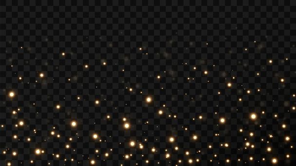 Estrellas de confeti de oro de Navidad están cayendo, estrellas brillantes vuelan a través del cielo nocturno en medio del reflejo de los puntos de luz del espacio. vacaciones vector fondo. brillo mágico. - Vector, imagen