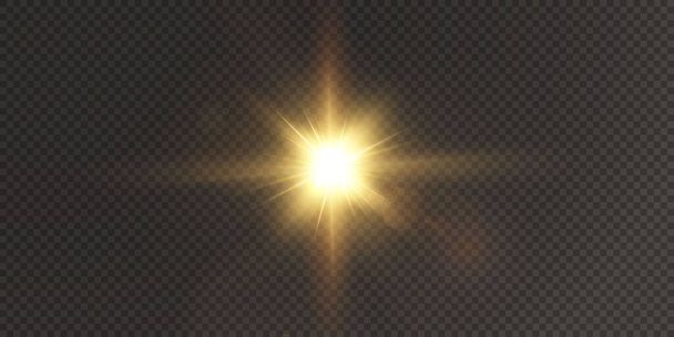 De zon schijnt felle lichtstralen met realistische schittering. Lichtster op een transparante zwarte achtergrond. - Vector, afbeelding