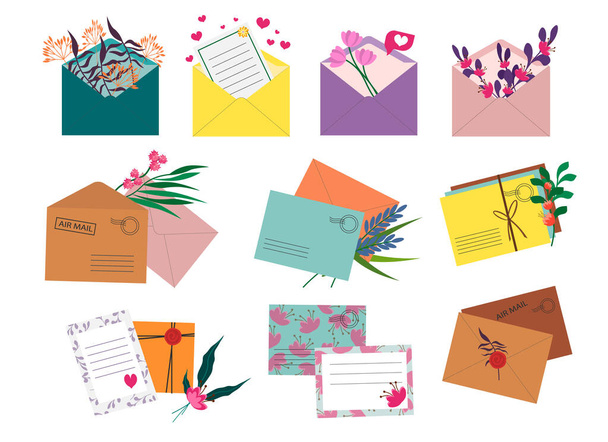 Σύνολο ταχυδρομικών φακέλων με λουλούδια. Διανυσματικά στοιχεία για χρήση σε καρτ ποστάλ, διακόσμηση και σχεδιασμό, προσκλήσεις, φυλλάδια, εικονογραφήσεις. - Διάνυσμα, εικόνα