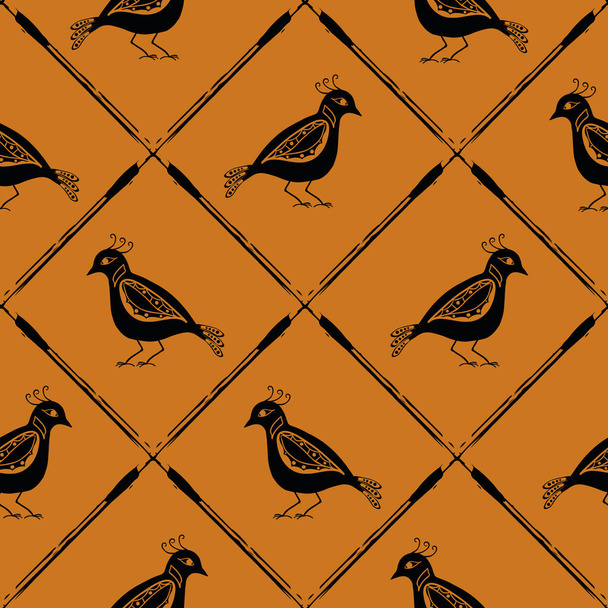 Stylized bird and diagonal grid seamless vector pattern background. Folk art or baroque style birds. Earthy ochre black backdrop with painterly criss cross lines. Historical effect geometric repeat - Vector, Image
