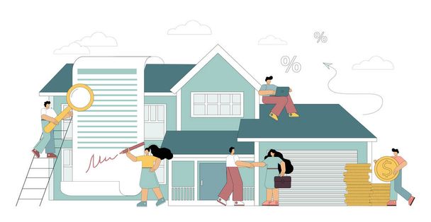 Mortgage concept. Little people take a home loan, sign a lease, invest in real estate, buy a house. The man calculates the mortgage rate. Flat vector illustration - Vector, Image