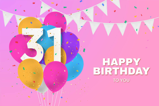 Щасливий 31 день народження кульки вітальна листівка фон. 31 річниця. 31-е святкування з конфетті. Ілюстрація запасів
 - Фото, зображення