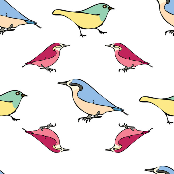 Vector white background blue red birds seamless pattern. Blue tit, Purple Finch, Seamless pattern background - Διάνυσμα, εικόνα