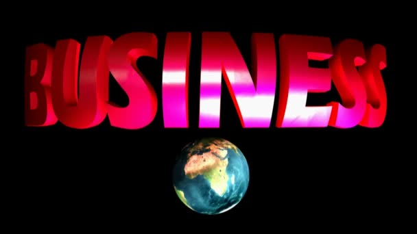 La scritta BUSINESS in lettere rosse lucide, su sfondo nero, con rotazione del pianeta Terra - animazione video rendering 3D - Mappa della Terra della NASA - Filmati, video