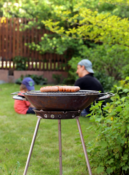 Roasted sausages on a barbecue grill outdoors picnic - Fotoğraf, Görsel