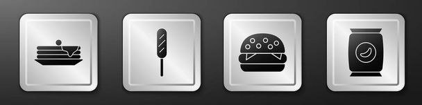Set Stack of pancakes, Corn dog, Burger and Bag or packet potato chips icon. Silver square button. Vector. - Vector, Image