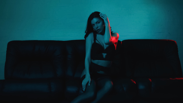 sexy woman in black underwear sitting on couch on dark turquoise  - Photo, Image