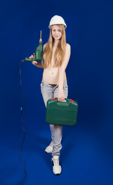 Topless girl in hard hat - Фото, изображение