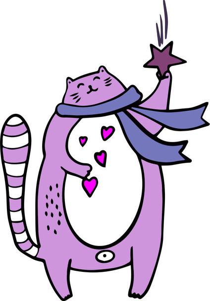 WebUn gato grande con una estrella en la pata. Para postales y carteles. Ilustración vectorial sobre fondo blanco - Vector, imagen