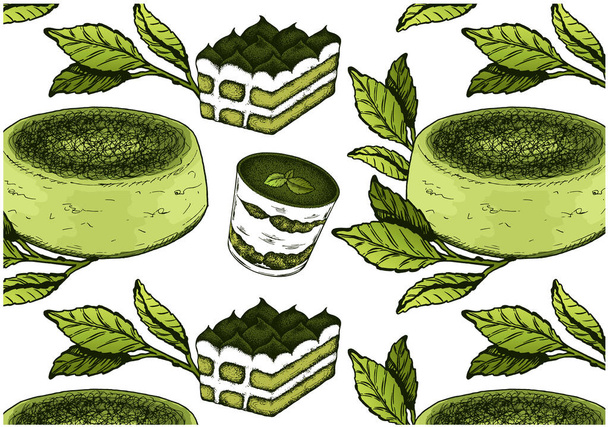 Σχέδιο σκίτσο σχέδιο του cheesecake matcha, τιραμισού, φύλλα πράσινου τσαγιού απομονώνονται σε λευκό φόντο. Ιαπωνικά γλυκά χαραγμένα. Vintage ταπετσαρία τροφίμων για το μενού, καφέ, συσκευασία. Εικονογράφηση διανύσματος - Διάνυσμα, εικόνα